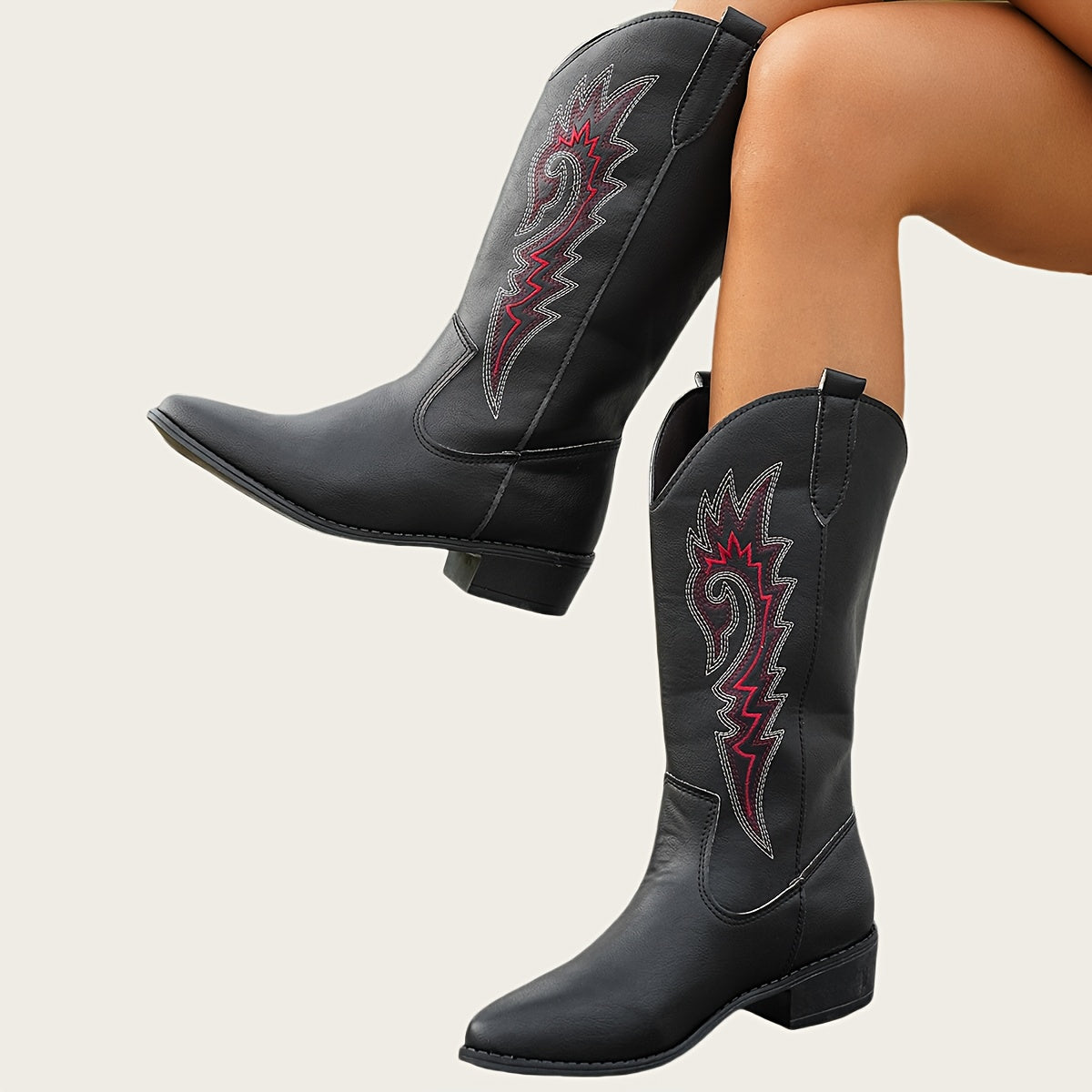 Women's Slip-On Mid-Calf Boots with Red accent - Cushioned Insole & Non-Slip PVC Outsole - PU Cover Boots for Everyday, Western, Formal Events - Easy Slip-On Closure, Casual Footwear, Ethnic Embroidery, Comfortable Lining, Chunky Heel, Everyday Wearers