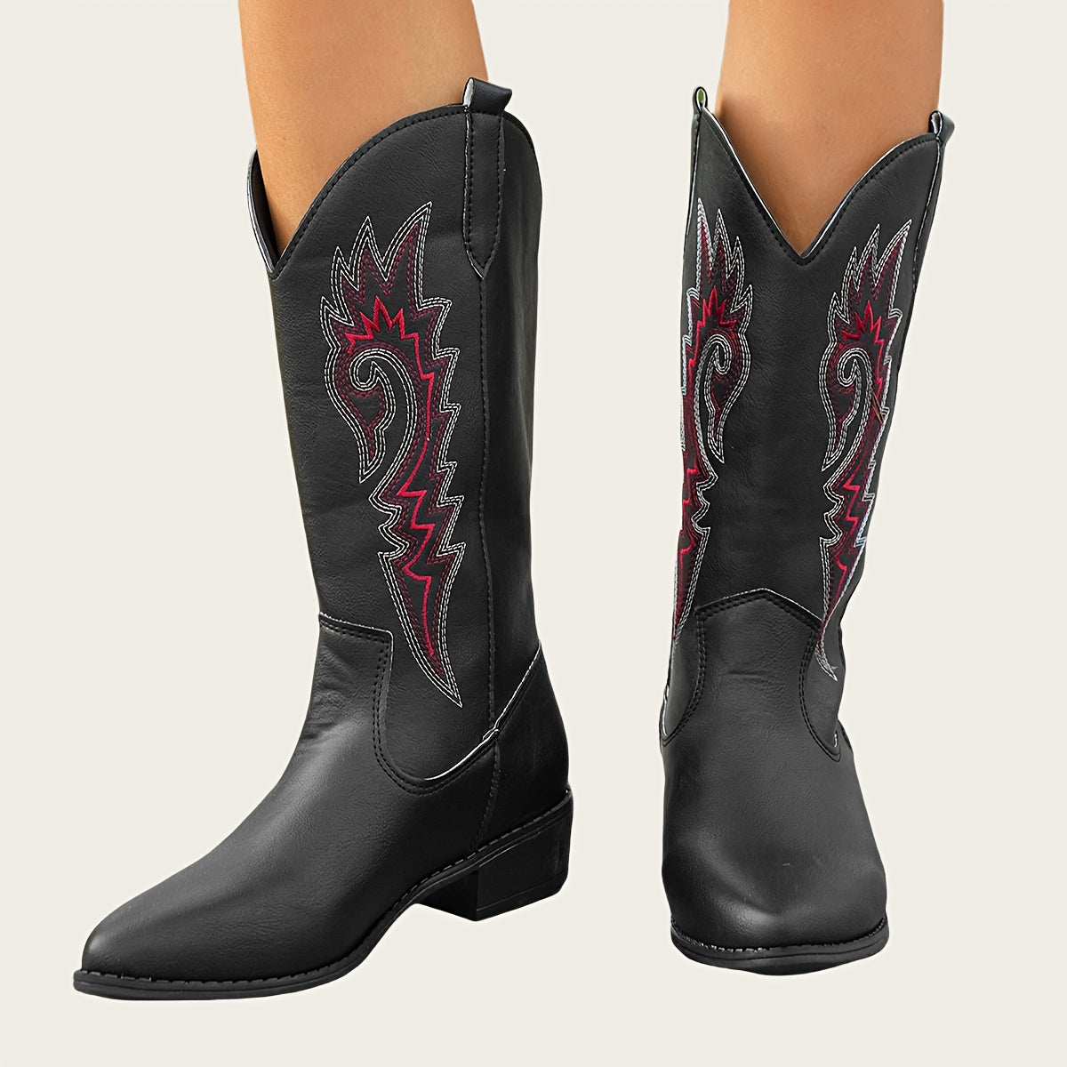 Women's Slip-On Mid-Calf Boots with Red accent - Cushioned Insole & Non-Slip PVC Outsole - PU Cover Boots for Everyday, Western, Formal Events - Easy Slip-On Closure, Casual Footwear, Ethnic Embroidery, Comfortable Lining, Chunky Heel, Everyday Wearers