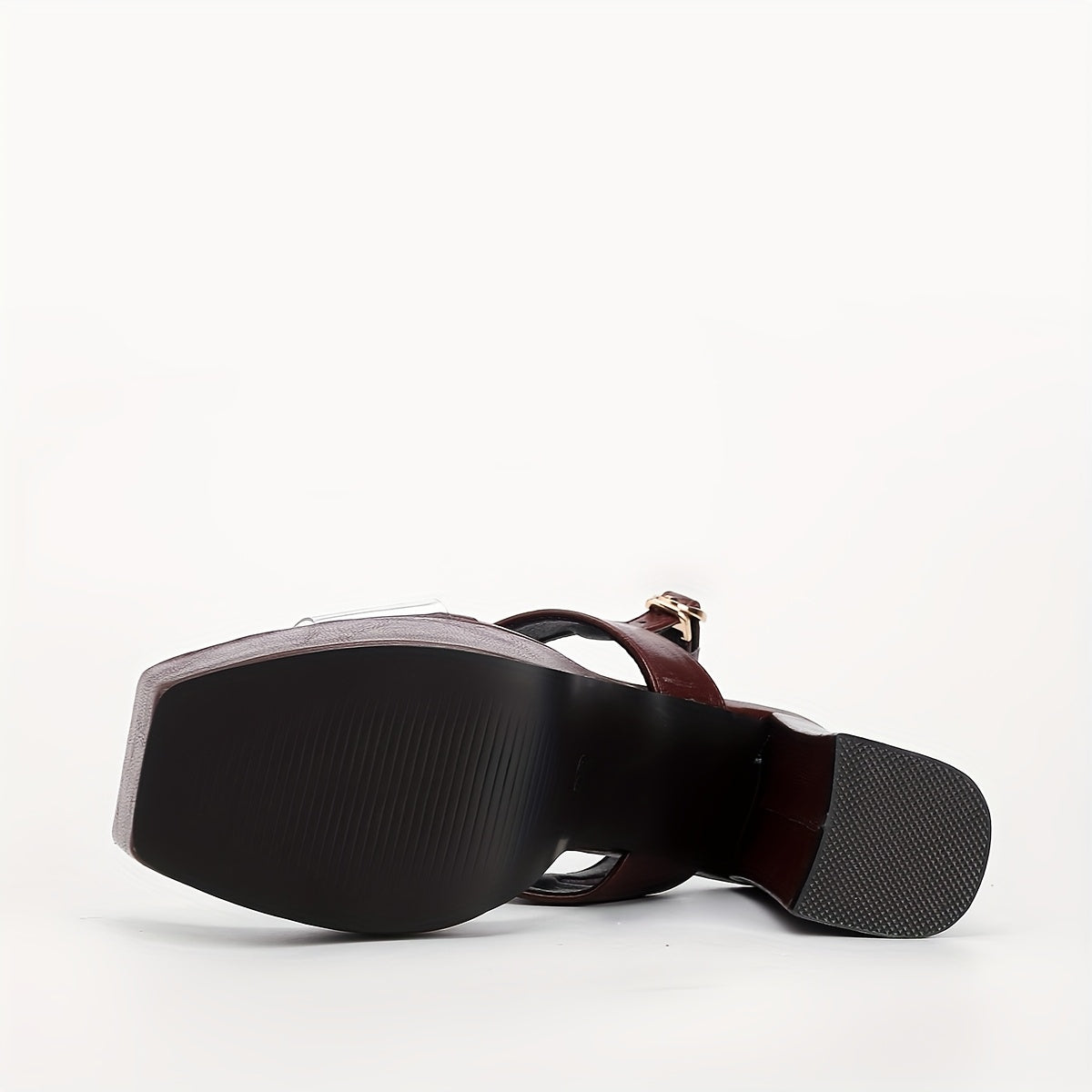 Wine Red Thick Sole One-Word Belt Transparent Simple Chunky Heel Rubber Super High Heels Thick Soles T-Type Buckle Country Retro Fashion New Square Head Open Toe Simple Model Women'S Shoes High Heels Sandals