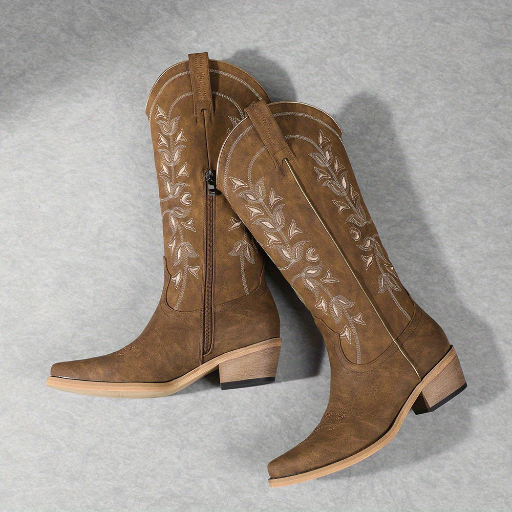 Women's Western Embroidered Cowboy Boots - Pointed Toe, Chunky Heel, Side Zipper, Mid-Calf Riding Boots with Floral Patterns, Green Faux Cover, Perfect for Casual Outfits and Country Style, Cowgirl Boots