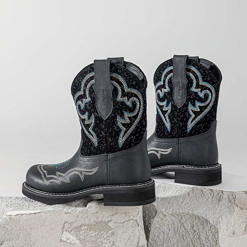 New British Style Retro Versatile Embroidered Western Short Boots For Women, Round Headed Flat Bottomed Short Boots