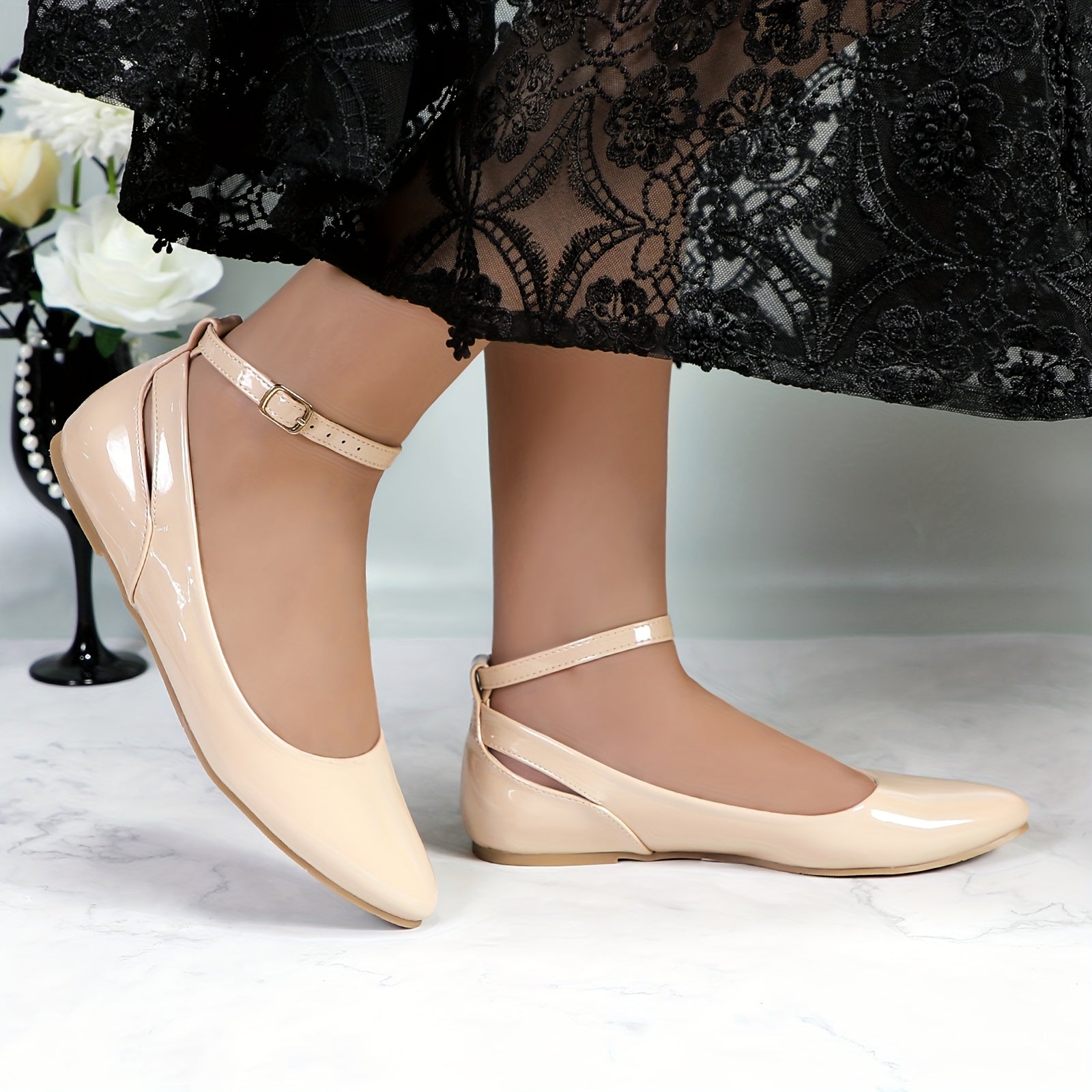GLAZE Women's Ballet Flats with Low Wedge Heel & Ankle Strap - Pointed Toe Comfortable Casual Shoes, Glossy PU Cover for Weddings, Campus Events & Parties, Ballet Shoes, Durable Md Sole