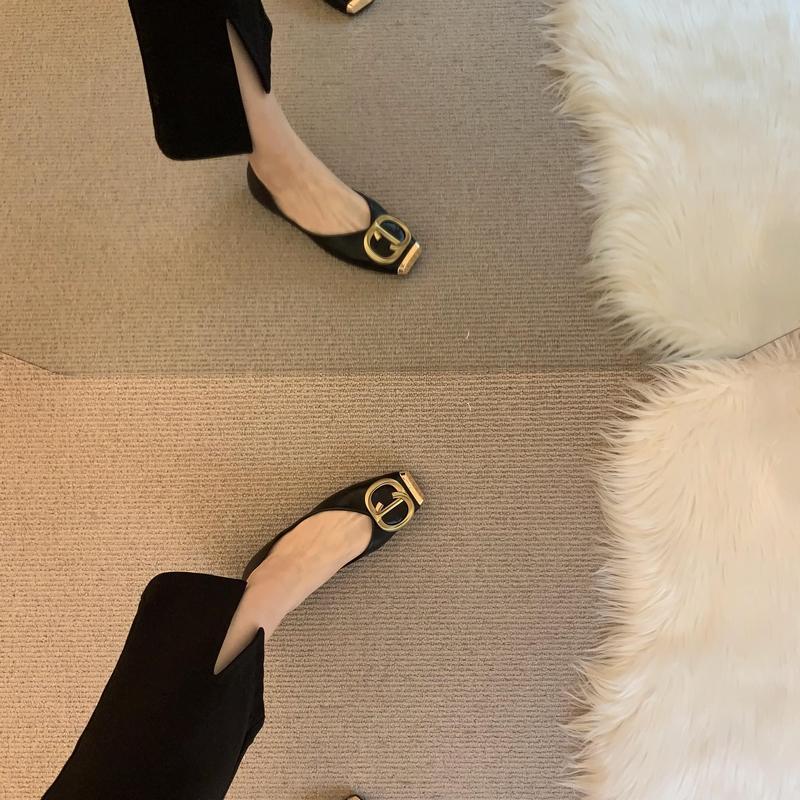 Women'S Korean Style Loafers - Soft Fabric Upper & Rubber Sole, Metallic 'C' Buckle Closure, All-Season Comfort Flat Shoes for Casual & Formal Wear, Versatile Flat Shoes | Korean Fashion Shoes | Durable Traction Footwear, Ladies Shoes