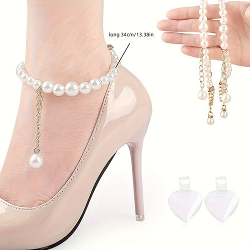 2pcs Faux Pearl Artificial Diamond Chain Shoelaces - Anti-slip Heel Straps - For Women -  For High Heels -  Elevate Your Shoe Style - Perfect Gift for Fashionistas