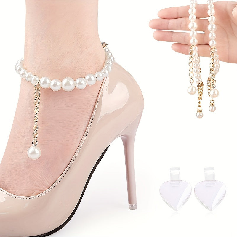 2pcs Faux Pearl Artificial Diamond Chain Shoelaces - Anti-slip Heel Straps - For Women -  For High Heels -  Elevate Your Shoe Style - Perfect Gift for Fashionistas