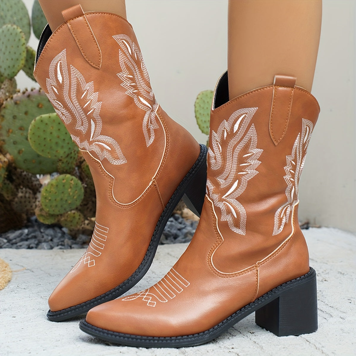 Women's Slip-On Knee-High Boots with Thick 0.39inch Platform Heel - Pointed Toe, Cushioned PU Insole - Western Cowboy Boot Style - Brown - Plus Size Available - for Everyday & Formal Events, Floral Embroidery Design, Durable PVC Sole