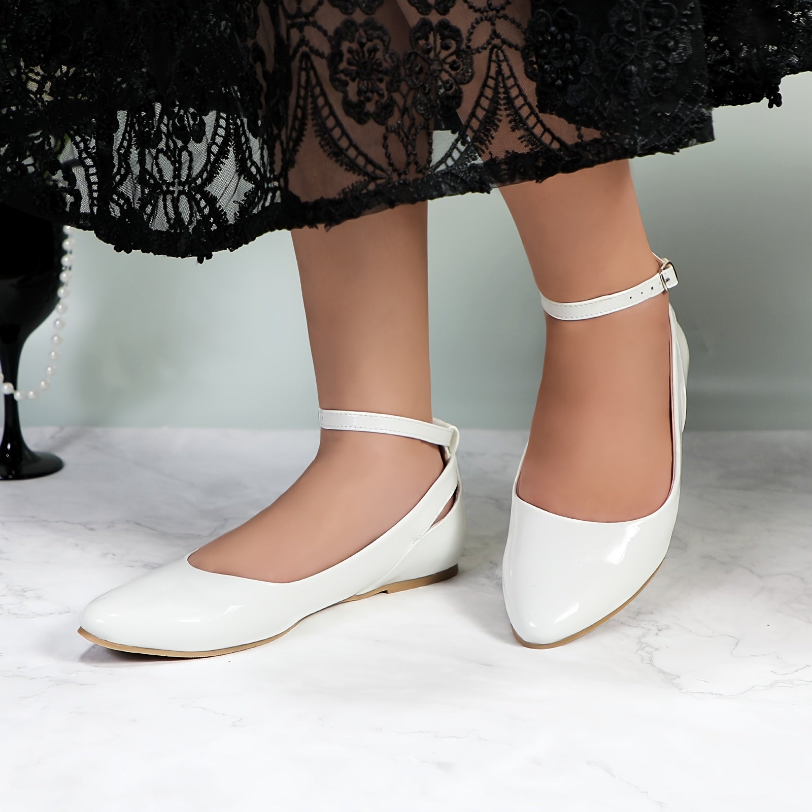 GLAZE Women's Ballet Flats with Low Wedge Heel & Ankle Strap - Pointed Toe Comfortable Casual Shoes, Glossy PU Cover for Weddings, Campus Events & Parties, Ballet Shoes, Durable Md Sole