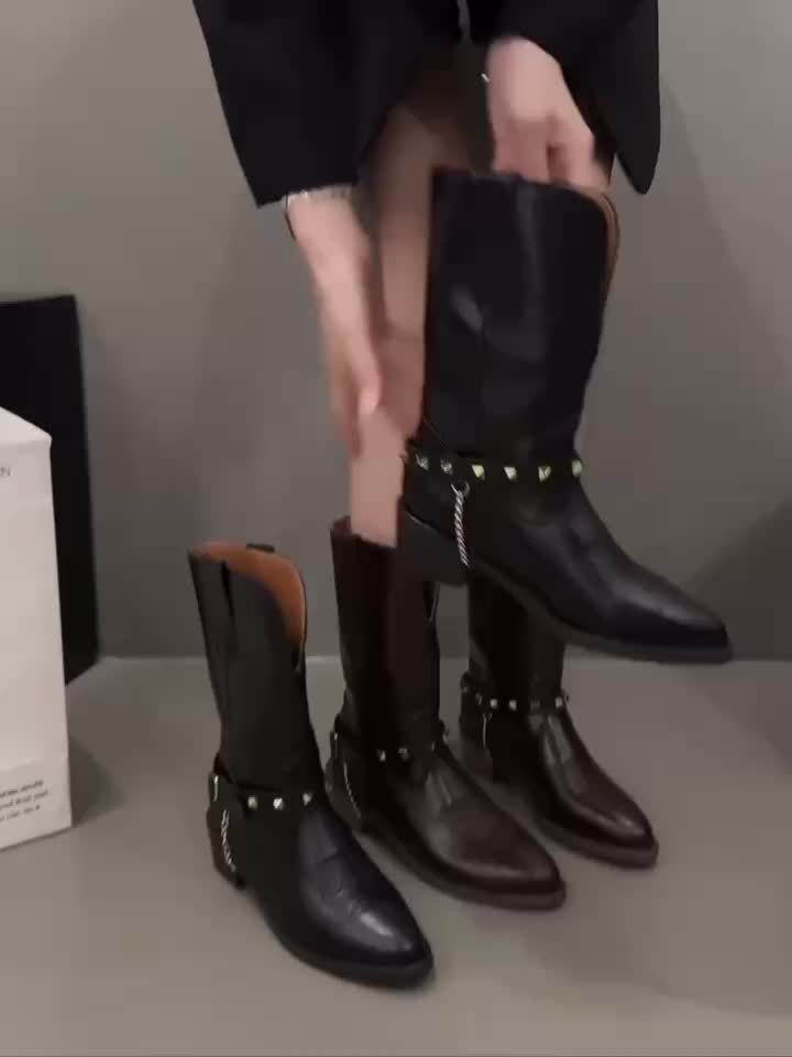 Autumn And Winter Embroidery Willow Studs Metallic Brown Boots Women's Pointed Toe Block Heel Western Boots V-belt Embellished Booties Dirty Boots