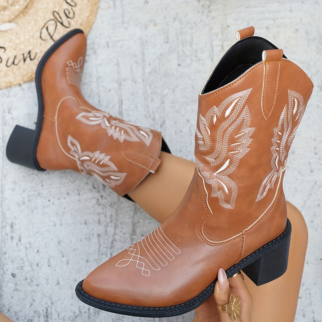 Women's Slip-On Knee-High Boots with Thick 0.39inch Platform Heel - Pointed Toe, Cushioned PU Insole - Western Cowboy Boot Style - Brown - Plus Size Available - for Everyday & Formal Events, Floral Embroidery Design, Durable PVC Sole