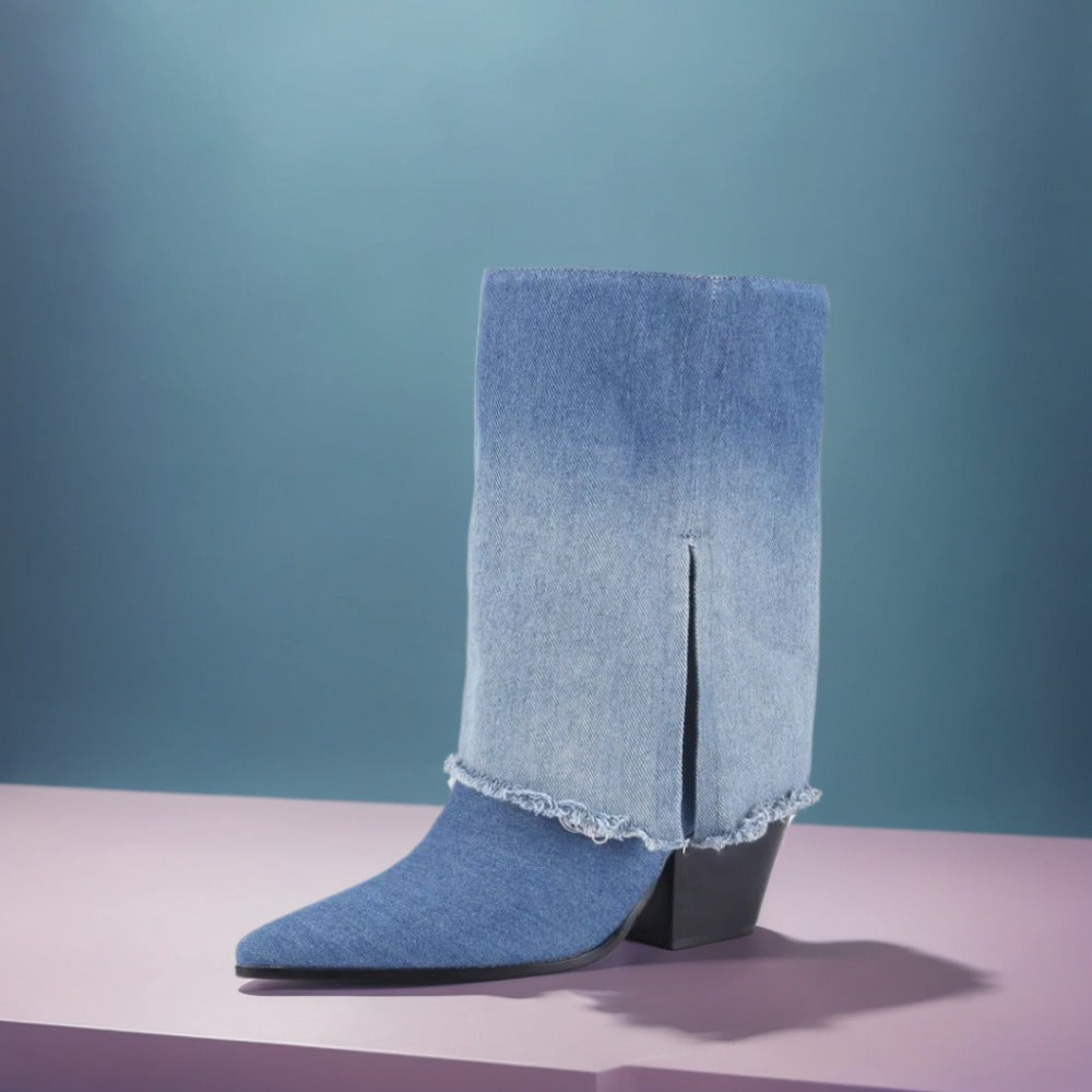 Women's fashion retro mid-calf boots, pointed toe thick heel with side zipper short boots