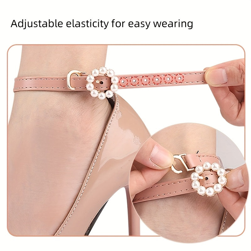 4pcs Elegant Faux Pearl Buckle Shoelaces for High Heels - Adjustable Elastic Straps, Secure Ankle Wrap, Prevents Slipping, Available in Matte Black, Mirror Black, Suede Black, and More