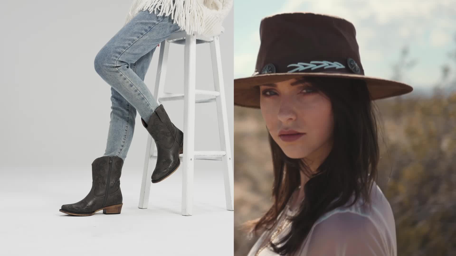 Women'S Cowboy Cowgirl Western Ankle Boots Low Chunky Heels Square Toe Fall Short Booties Shoes Pointed toe Cowgirl Boots Women, Western Embroidered Low High Wide Calf Chunky Pull on Boot for Girls with Inside Zipper