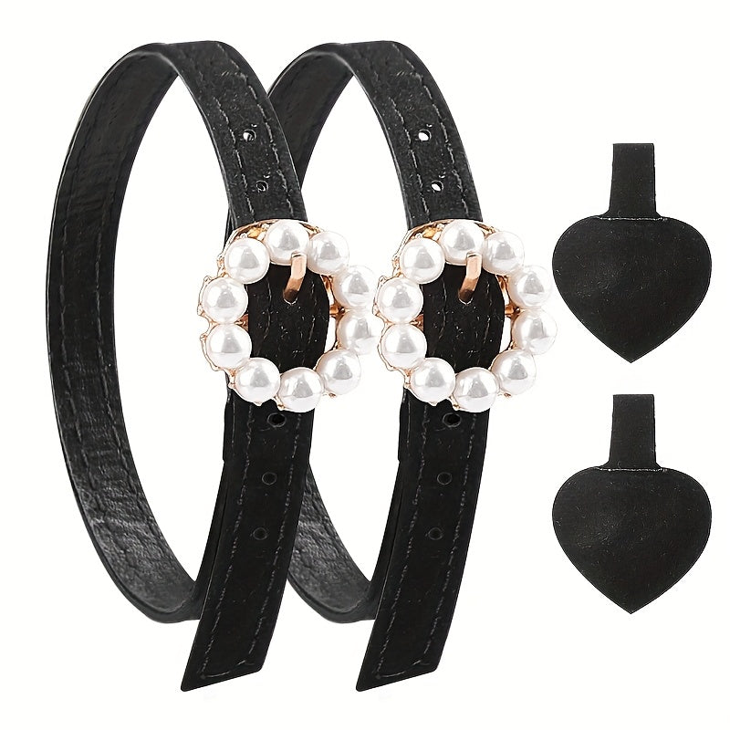 4pcs Elegant Faux Pearl Buckle Shoelaces for High Heels - Adjustable Elastic Straps, Secure Ankle Wrap, Prevents Slipping, Available in Matte Black, Mirror Black, Suede Black, and More