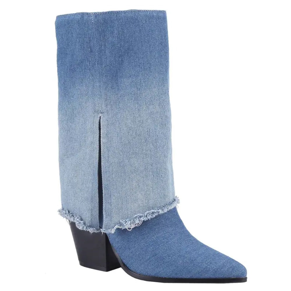 Women's fashion retro mid-calf boots, pointed toe thick heel with side zipper short boots