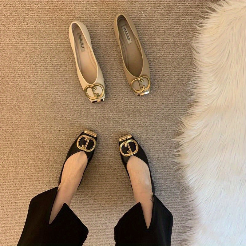 Women'S Korean Style Loafers - Soft Fabric Upper & Rubber Sole, Metallic 'C' Buckle Closure, All-Season Comfort Flat Shoes for Casual & Formal Wear, Versatile Flat Shoes | Korean Fashion Shoes | Durable Traction Footwear, Ladies Shoes