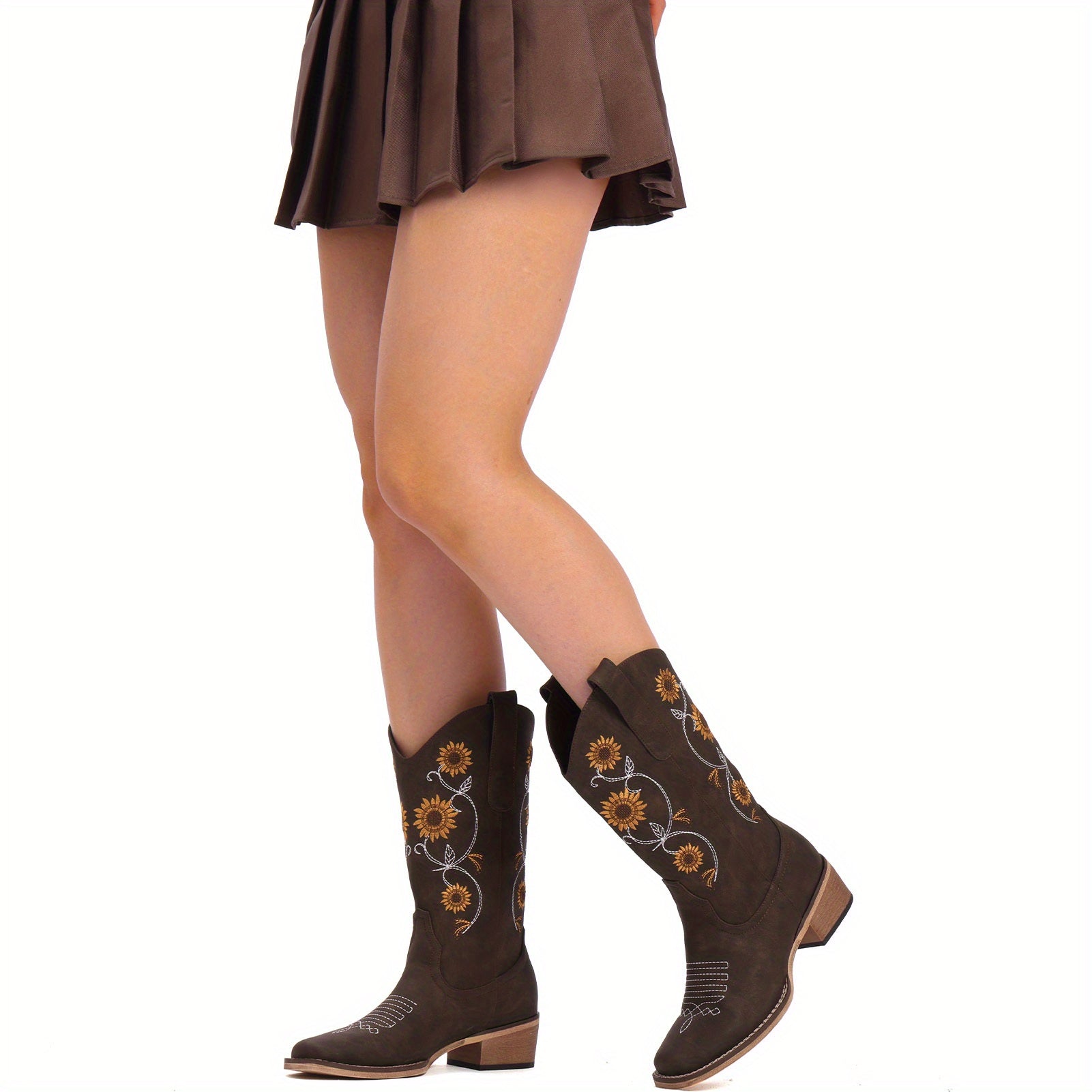Cowboy Boots for Women- Mid Calf Western Sunflower Cowgirl Boots with Floral Embroidery, Square Toe Stitched Pull On Retro Design, Perfect for Country Idyll, Concerts and More, brown
