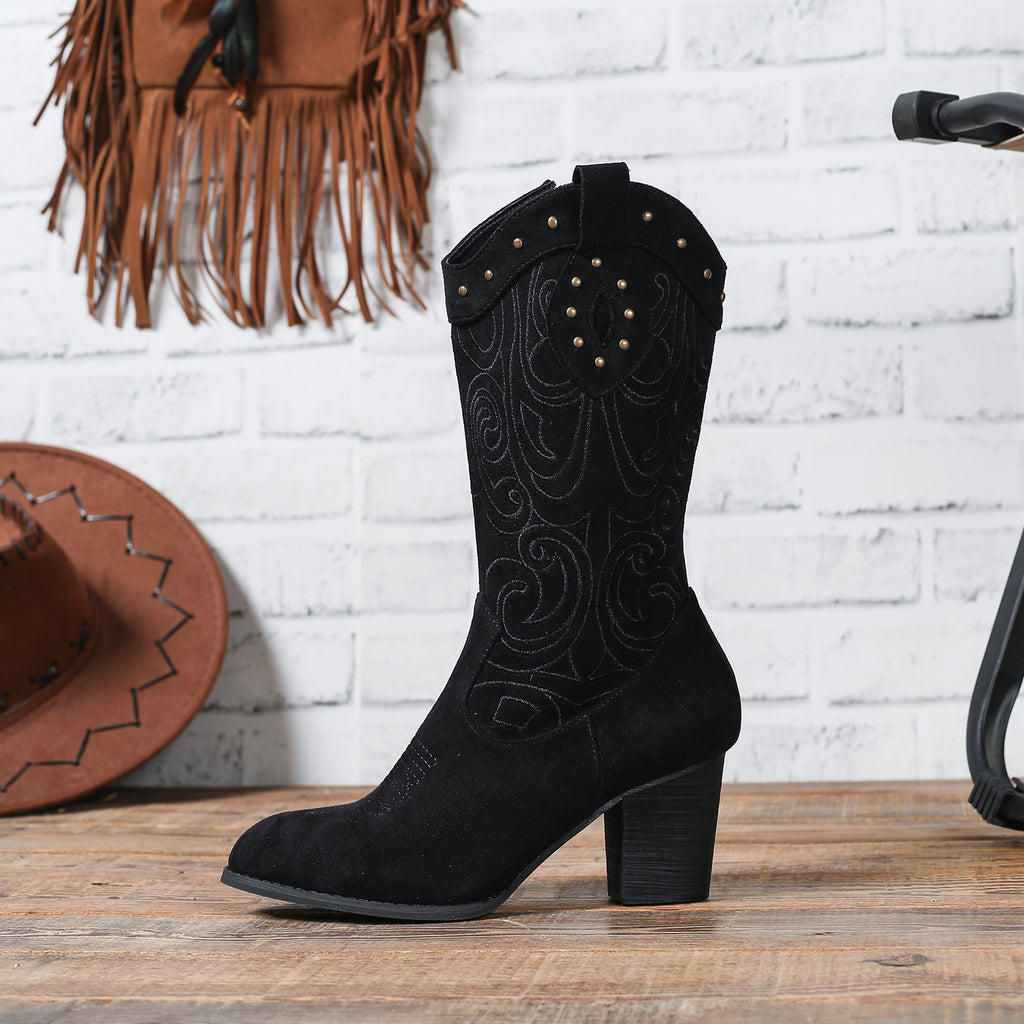 Women's Four Seasons New Casual, Fashion, Retro West, Cowboy, Pointed Toe Side Zipper, Block Heel Studs Women's Boots