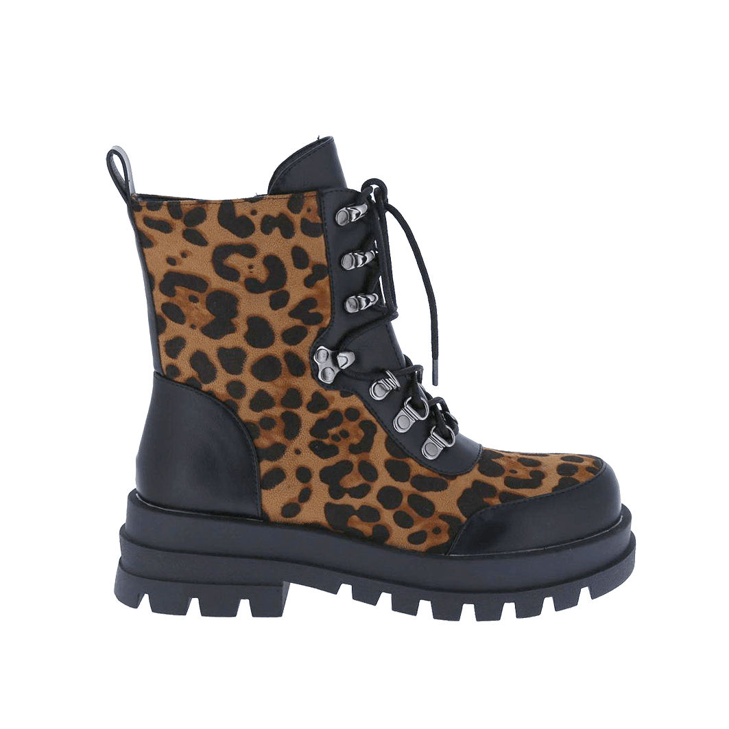 Statement-Making Leopard Combat Platform Boots for Women – Lace-Up & Side Zipper for Effortless Style