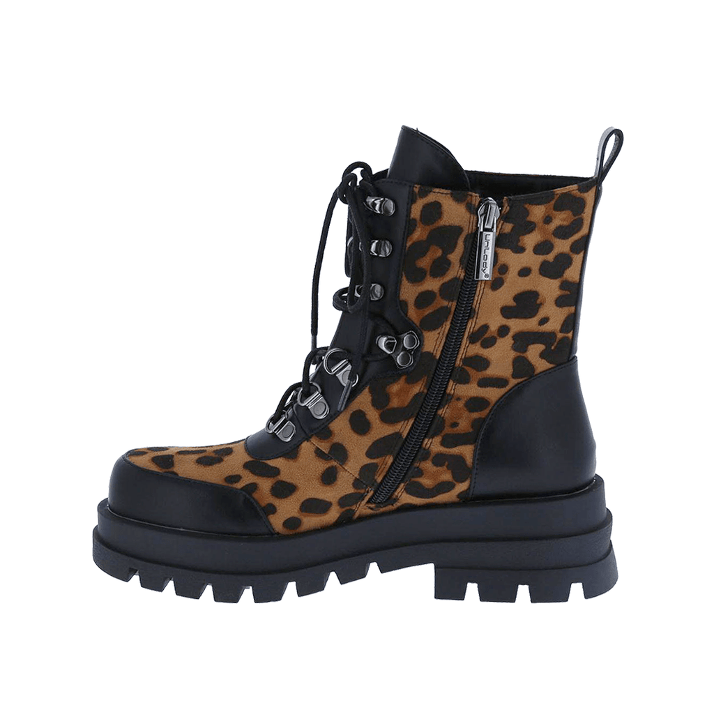 Statement-Making Leopard Combat Platform Boots for Women – Lace-Up & Side Zipper for Effortless Style