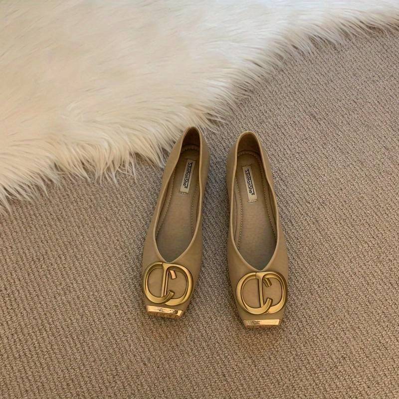 Women'S Korean Style Loafers - Soft Fabric Upper & Rubber Sole, Metallic 'C' Buckle Closure, All-Season Comfort Flat Shoes for Casual & Formal Wear, Versatile Flat Shoes | Korean Fashion Shoes | Durable Traction Footwear, Ladies Shoes