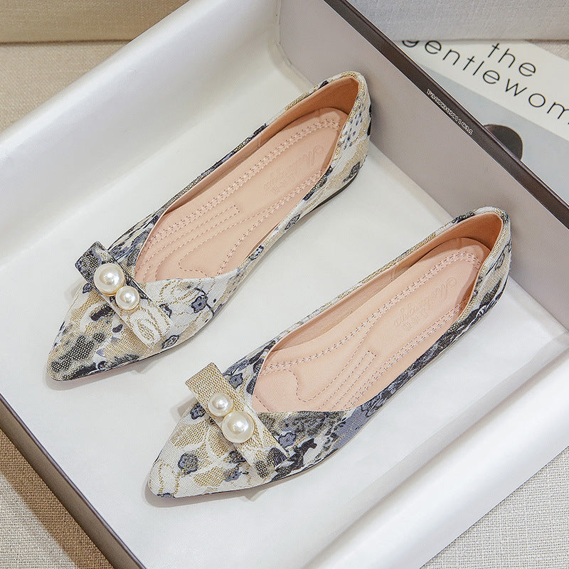 Women's Vintage Chinese Floral Printed Slip-On Flat Shoes - Pointed Toe with Buttons, Breathable Mesh Lining & Arch Support, Spring Casual to Semi-Formal Low-Cut Flats (Pink\u002FBlack Floral Pattern, Beige) - Hand Washable Rubber Sole