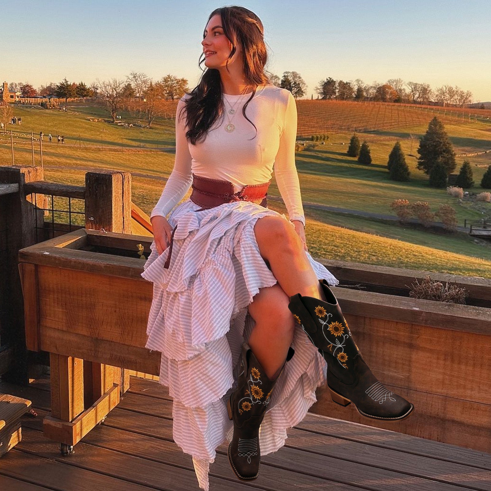 Cowboy Boots for Women- Mid Calf Western Sunflower Cowgirl Boots with Floral Embroidery, Square Toe Stitched Pull On Retro Design, Perfect for Country Idyll, Concerts and More, brown