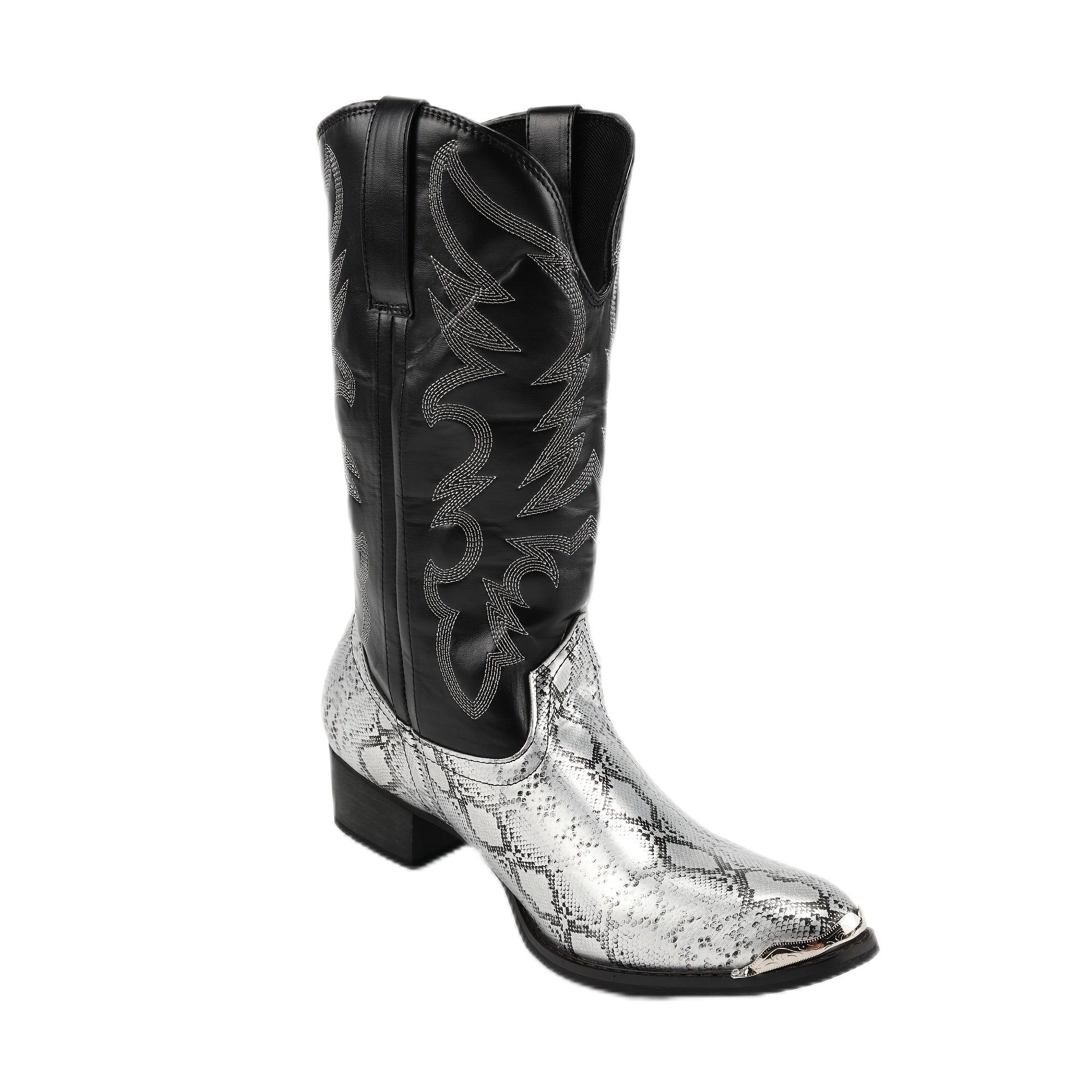 Men's Slip-On Western Cowboy boots - Dark Metallic, Upper & Non-Slip Rubber Sole - Renaissance, Halloween, Themed Events - Lightweight & Durable Boot for Costume Parties & Casual Attire, Event Footwear, Embellished Boot Design