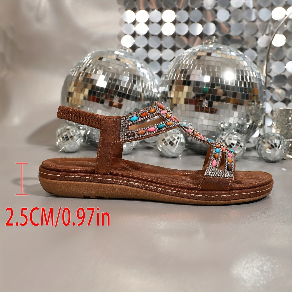 Oversized Ethnic Storm, Simia Retro Bead Elastic Band, Rhinestone Flat Bottom Soft Soled Sandals For Women