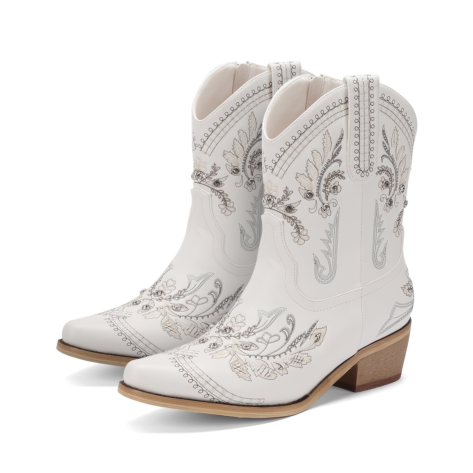 Women's Embroidered Mid-Calf Cowboy Boots with Rhinestones, Square Toe, and Chunky Low Heel - Comfortable Pull-On Western Ankle Boots for Casual Parties