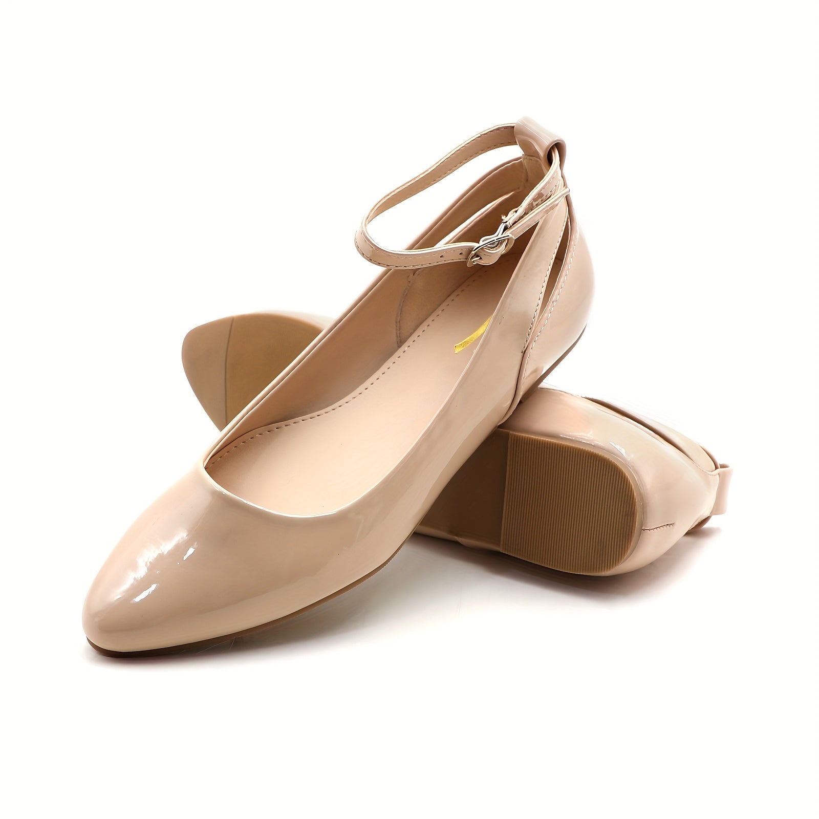 GLAZE Women's Ballet Flats with Low Wedge Heel & Ankle Strap - Pointed Toe Comfortable Casual Shoes, Glossy PU Cover for Weddings, Campus Events & Parties, Ballet Shoes, Durable Md Sole