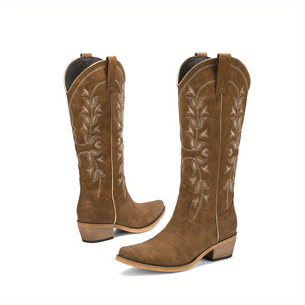Women's Western Embroidered Cowboy Boots - Pointed Toe, Chunky Heel, Side Zipper, Mid-Calf Riding Boots with Floral Patterns, Green Faux Cover, Perfect for Casual Outfits and Country Style, Cowgirl Boots