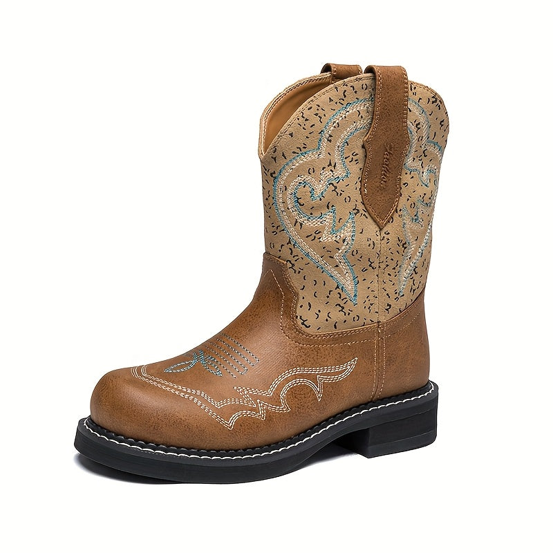 New British Style Retro Versatile Embroidered Western Short Boots For Women, Round Headed Flat Bottomed Short Boots