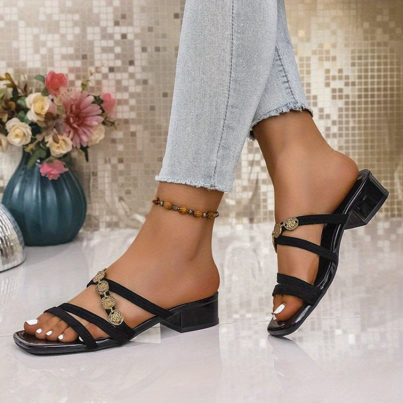 French Retro Roman Style Women's Slip-On Open-Toe Sandals - Black Synthetic Cover with Golden-Tone Metal Buckle, Low Heel for Summer Beach Vacation & Outdoor Comfort