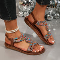 Oversized Ethnic Storm, Simia Retro Bead Elastic Band, Rhinestone Flat Bottom Soft Soled Sandals For Women