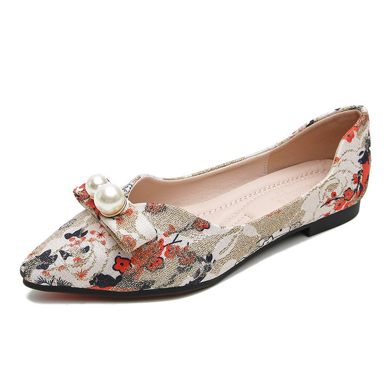 Women's Vintage Chinese Floral Printed Slip-On Flat Shoes - Pointed Toe with Buttons, Breathable Mesh Lining & Arch Support, Spring Casual to Semi-Formal Low-Cut Flats (Pink\u002FBlack Floral Pattern, Beige) - Hand Washable Rubber Sole