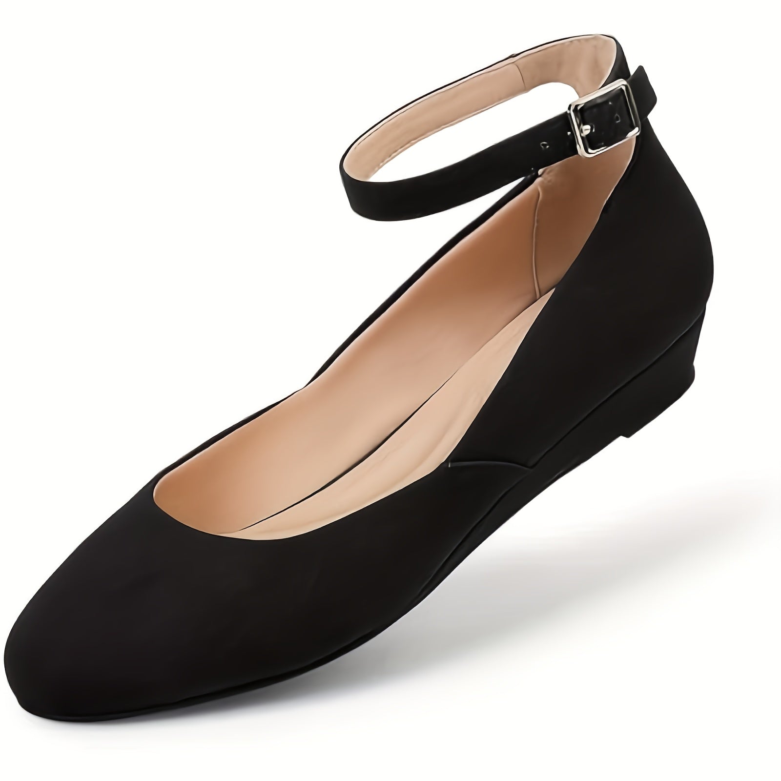 Women's Black Pointed Toe Ballet Flats with Low Wedge Heel and Ankle Strap – Versatile for Casual, Dressy, Summer Parties, and Professional Settings, Professional Attire | Vintage Style Flats | Pu Synthetic Cover