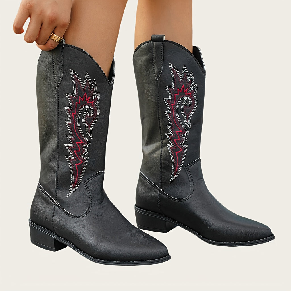 Women's Slip-On Mid-Calf Boots with Red accent - Cushioned Insole & Non-Slip PVC Outsole - PU Cover Boots for Everyday, Western, Formal Events - Easy Slip-On Closure, Casual Footwear, Ethnic Embroidery, Comfortable Lining, Chunky Heel, Everyday Wearers