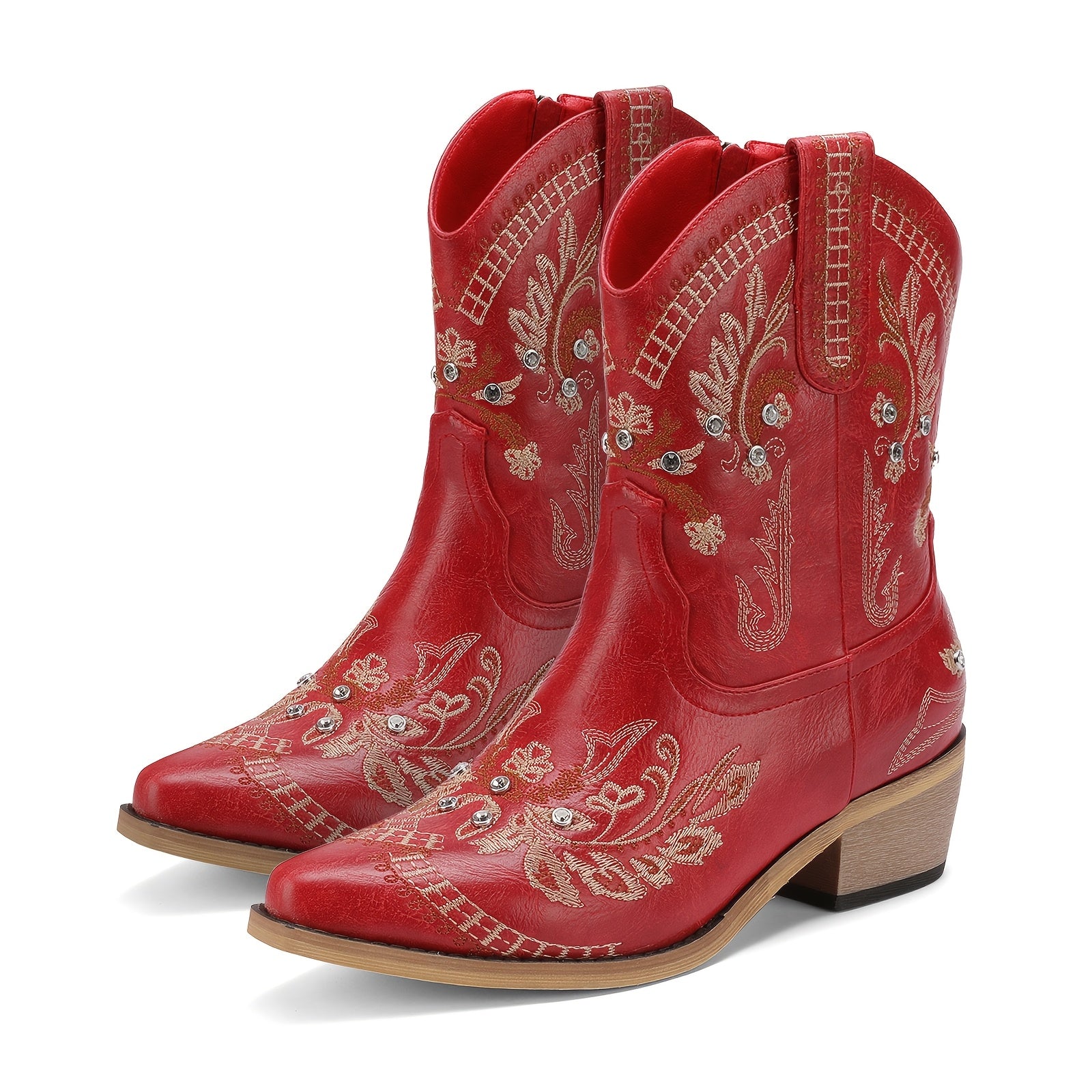 Women's Embroidered Mid-Calf Cowboy Boots with Rhinestones, Square Toe, and Chunky Low Heel - Comfortable Pull-On Western Ankle Boots for Casual Parties