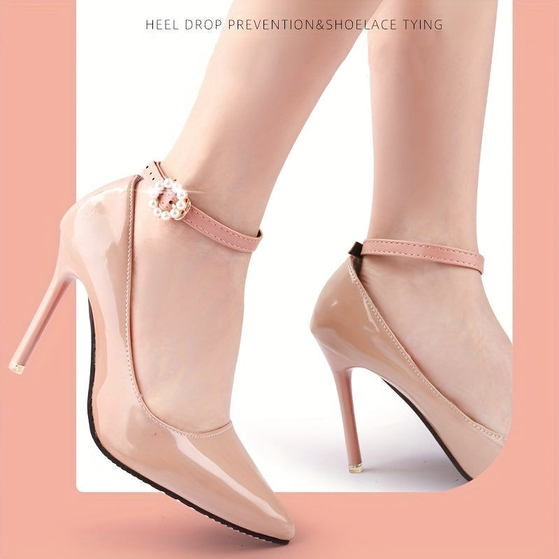 4pcs Elegant Faux Pearl Buckle Shoelaces for High Heels - Adjustable Elastic Straps, Secure Ankle Wrap, Prevents Slipping, Available in Matte Black, Mirror Black, Suede Black, and More