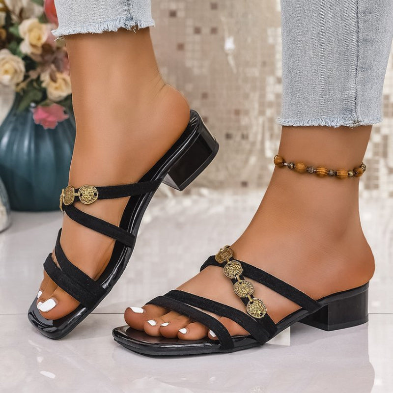French Retro Roman Style Women's Slip-On Open-Toe Sandals - Black Synthetic Cover with Golden-Tone Metal Buckle, Low Heel for Summer Beach Vacation & Outdoor Comfort
