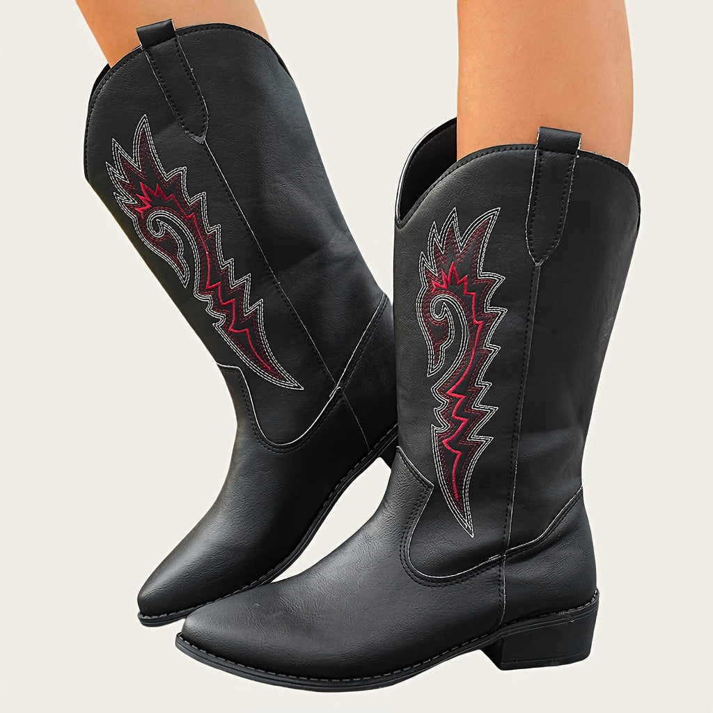 Women's Slip-On Mid-Calf Boots with Red accent - Cushioned Insole & Non-Slip PVC Outsole - PU Cover Boots for Everyday, Western, Formal Events - Easy Slip-On Closure, Casual Footwear, Ethnic Embroidery, Comfortable Lining, Chunky Heel, Everyday Wearers