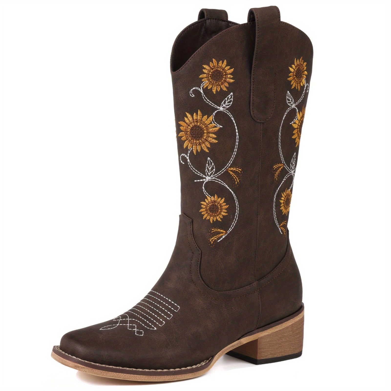 Cowboy Boots for Women- Mid Calf Western Sunflower Cowgirl Boots with Floral Embroidery, Square Toe Stitched Pull On Retro Design, Perfect for Country Idyll, Concerts and More, brown