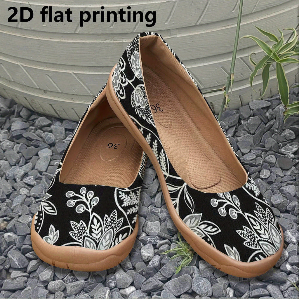 Women's Elegant 2D Flat Shoes with Black & White Floral Pattern - Breathable Fabric Upper, Lightweight TPR Sole, All-Season Comfort for Casual & Formal Wear, Versatile for Jeans to Dresses