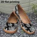 Women's Elegant 2D Flat Shoes with Black & White Floral Pattern - Breathable Fabric Upper, Lightweight TPR Sole, All-Season Comfort for Casual & Formal Wear, Versatile for Jeans to Dresses
