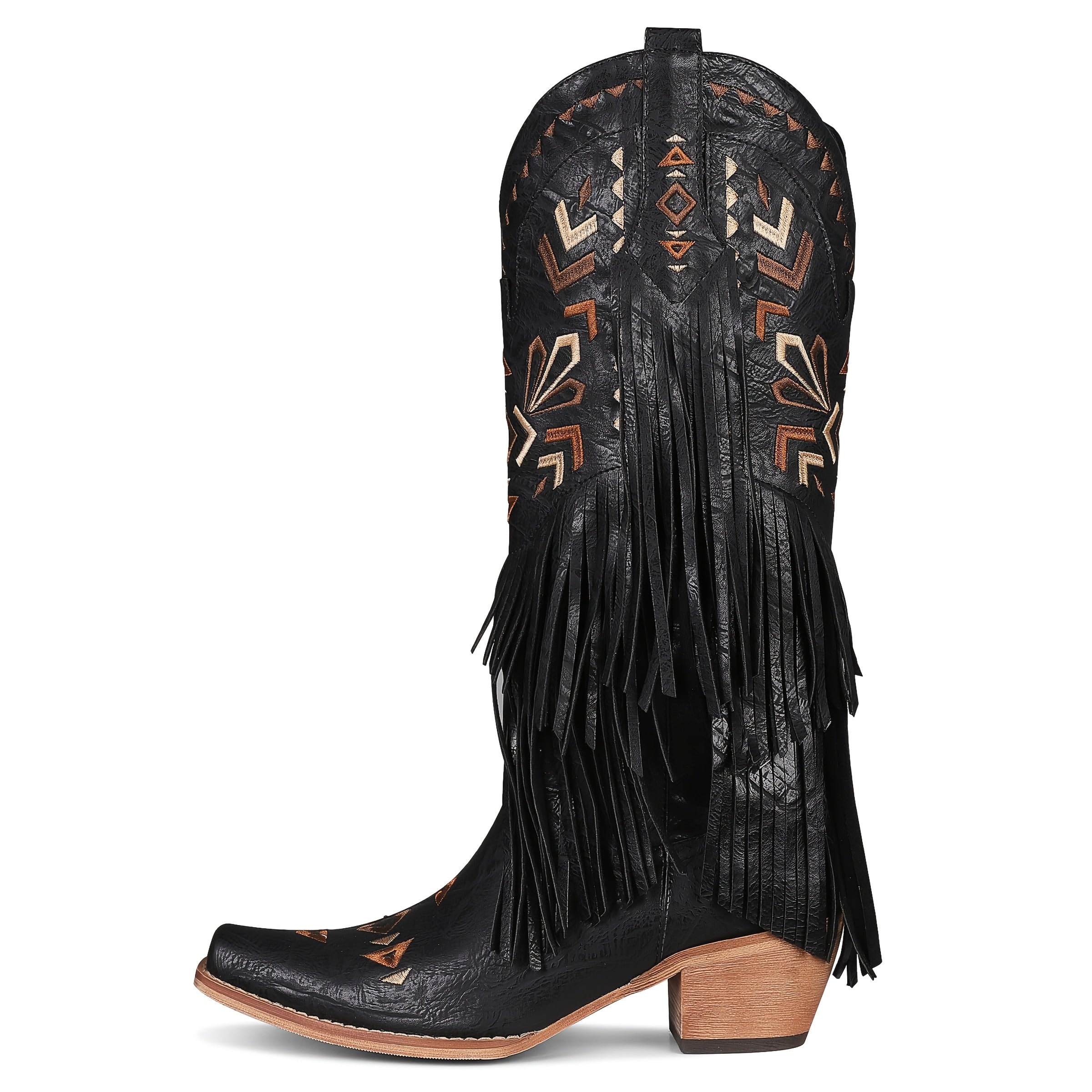 Cowboy Cowgirl Western Knee High Boots Tassel Embroidered Pointed Toe Pull On Chunky Block Heel Shoes Vintage Fashion Comfy Classic Boots