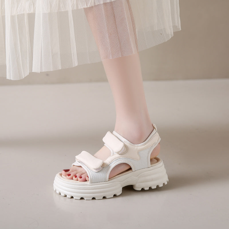 Women'S Retro Style Summer Sandals - Soft PU Cover Open-Toe Flat Slippers with Thick Cushioned Sole, White & Beige Straps, Breathable Fabric Lining for Indoor\u002FOutdoor Casual Wear, Ladies Sandals