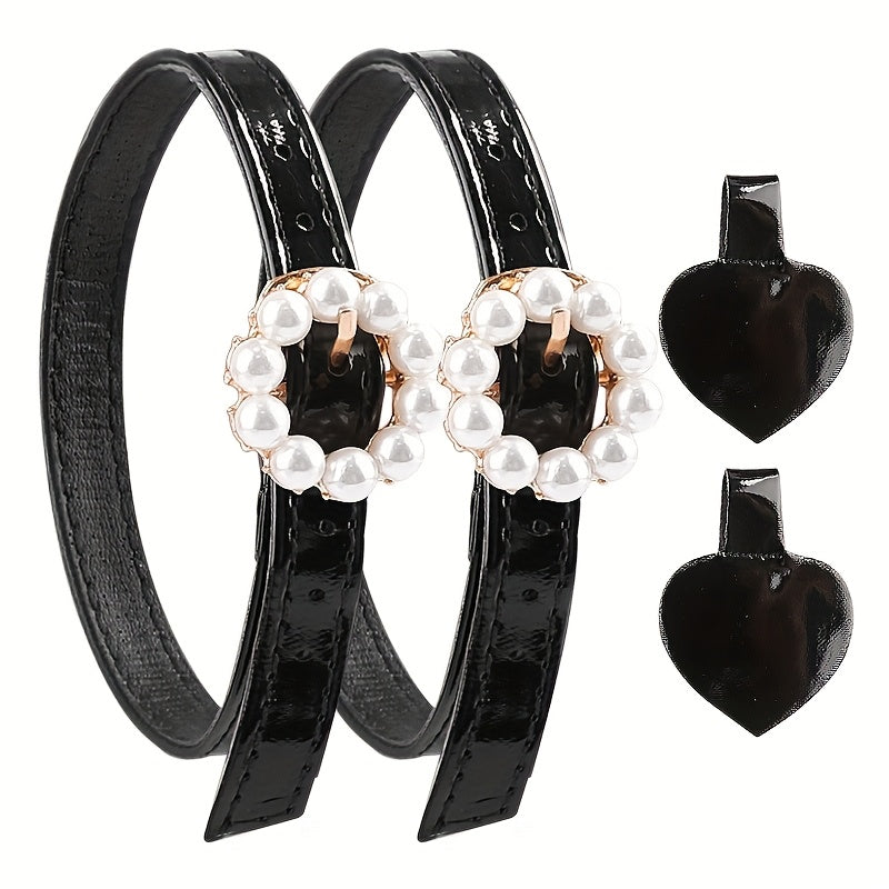 4pcs Elegant Faux Pearl Buckle Shoelaces for High Heels - Adjustable Elastic Straps, Secure Ankle Wrap, Prevents Slipping, Available in Matte Black, Mirror Black, Suede Black, and More