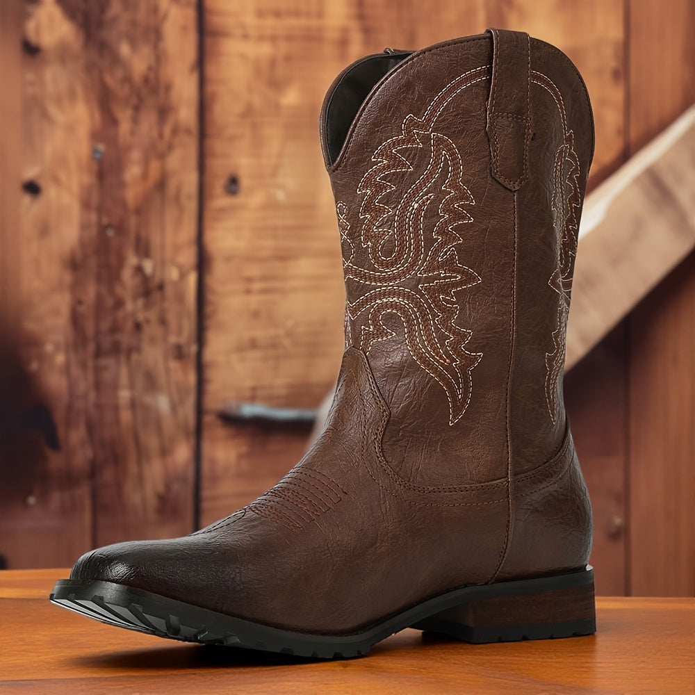 Outdoor Adventures Men's Vintage Western Cowboy Boots, Embroidered Faux Short Barrel, Square Toe Slip-On Business Shoes, All-Season Outdoor Footwear with Rubber Sole and Fabric Insole