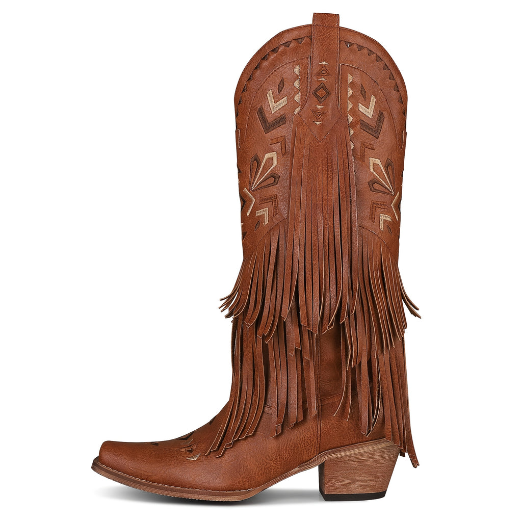 Cowboy Cowgirl Western Knee High Boots Tassel Embroidered Pointed Toe Pull On Chunky Block Heel Shoes Vintage Fashion Comfy Classic Boots