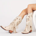 Cowboy Cowgirl Western Knee High Boots Tassel Embroidered Pointed Toe Pull On Chunky Block Heel Shoes Vintage Fashion Comfy Classic Boots